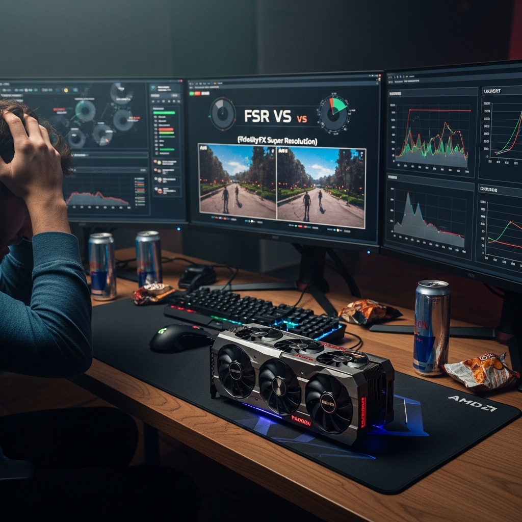 デスク上の高性能AMD Radeon GPUを見つめる不満げなPCゲーマー
