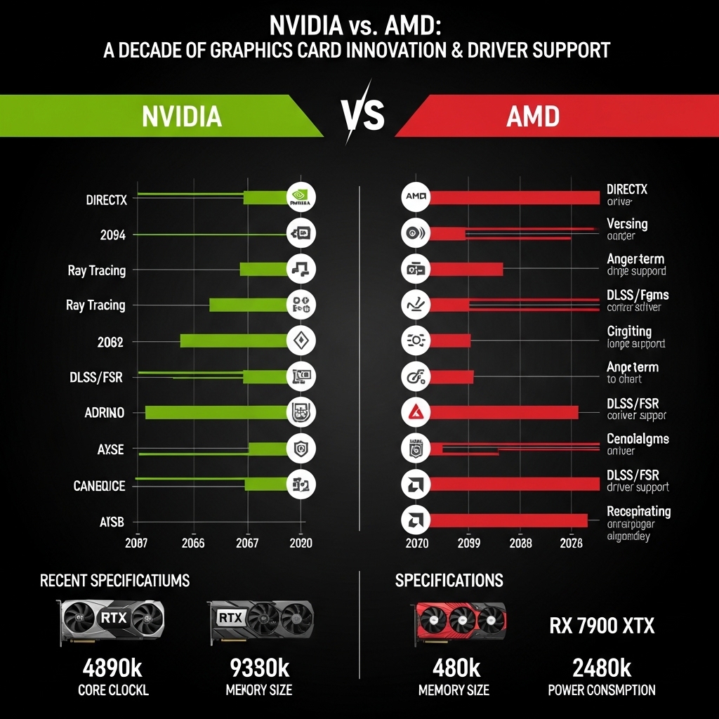 NVIDIAとAMD GPUの機能サポートタイムラインを並べた比較ビジュアル