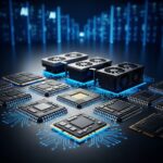 暗い技術的背景に配置された最新の半導体メモリチップとGPU