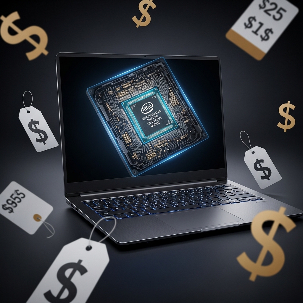 Intelプロセッサーチップがカットアウェイビューで見える洗練されたプレミアムノートPC