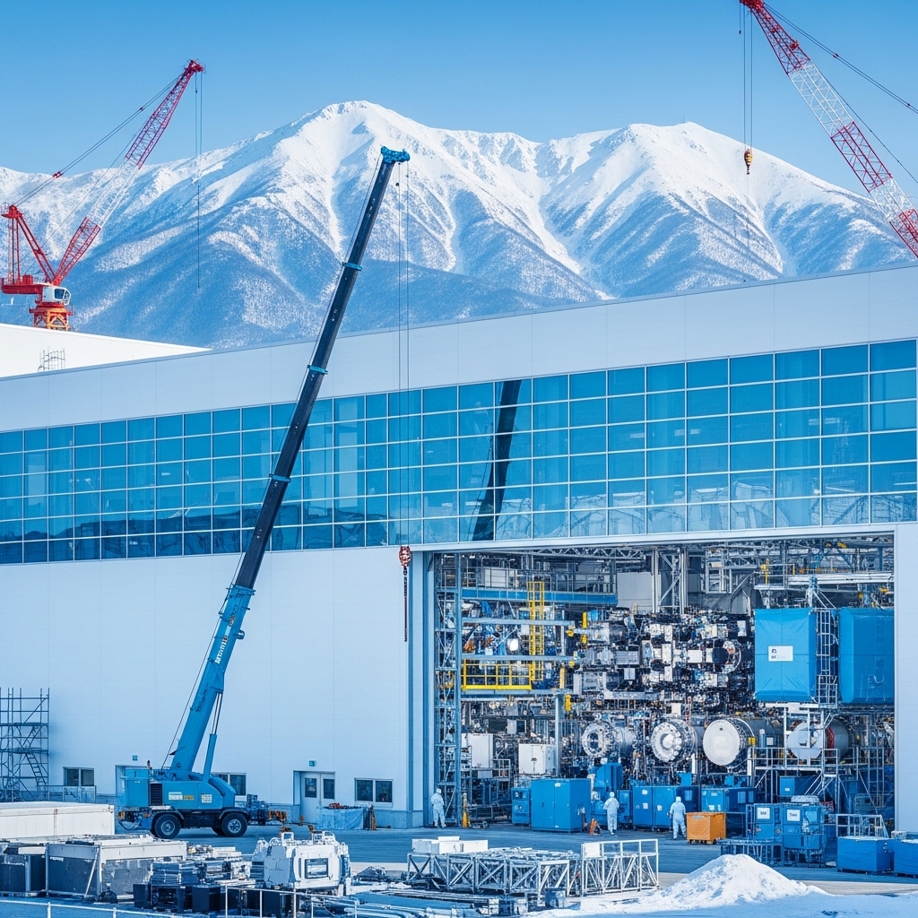 北海道に建設中の最新半導体製造施設。EUVリソグラフィ装置が搬入される巨大なクリーンルーム棟と背景の雪山