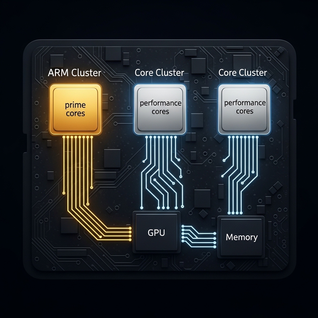 ARMプロセッサアーキテクチャの技術図。3つのコアクラスター