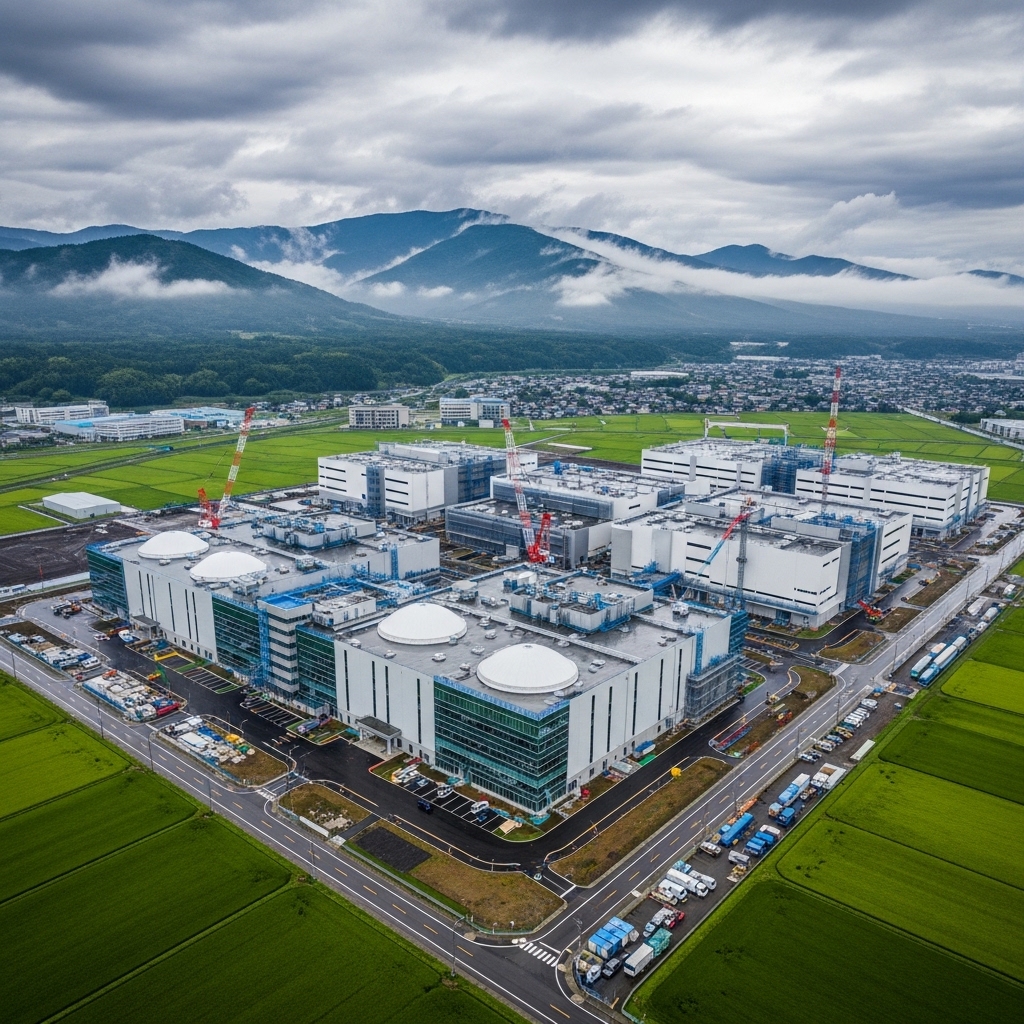 山々と田園地帯に囲まれた日本での最先端半導体工場建設の航空写真
