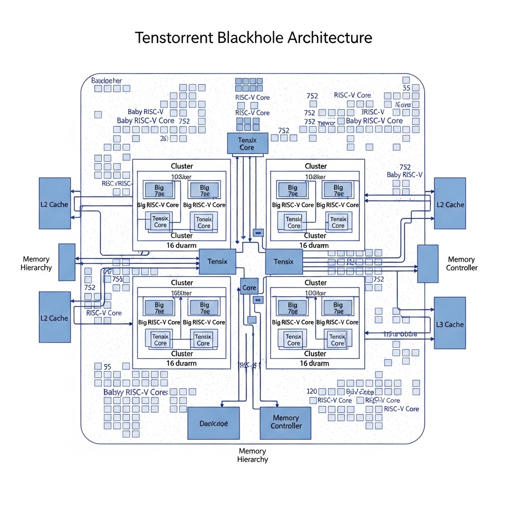 Tenstorrent Blackhole アーキテクチャの技術図。4 つのクラスターに 16 個の Big RISC-V コア、752 個の Baby RISC-V コア、120 個の Tensix コア、メモリ階層、ラベル付きのきれいなテクニカル イラスト スタイル、青と白の配色を示しています。