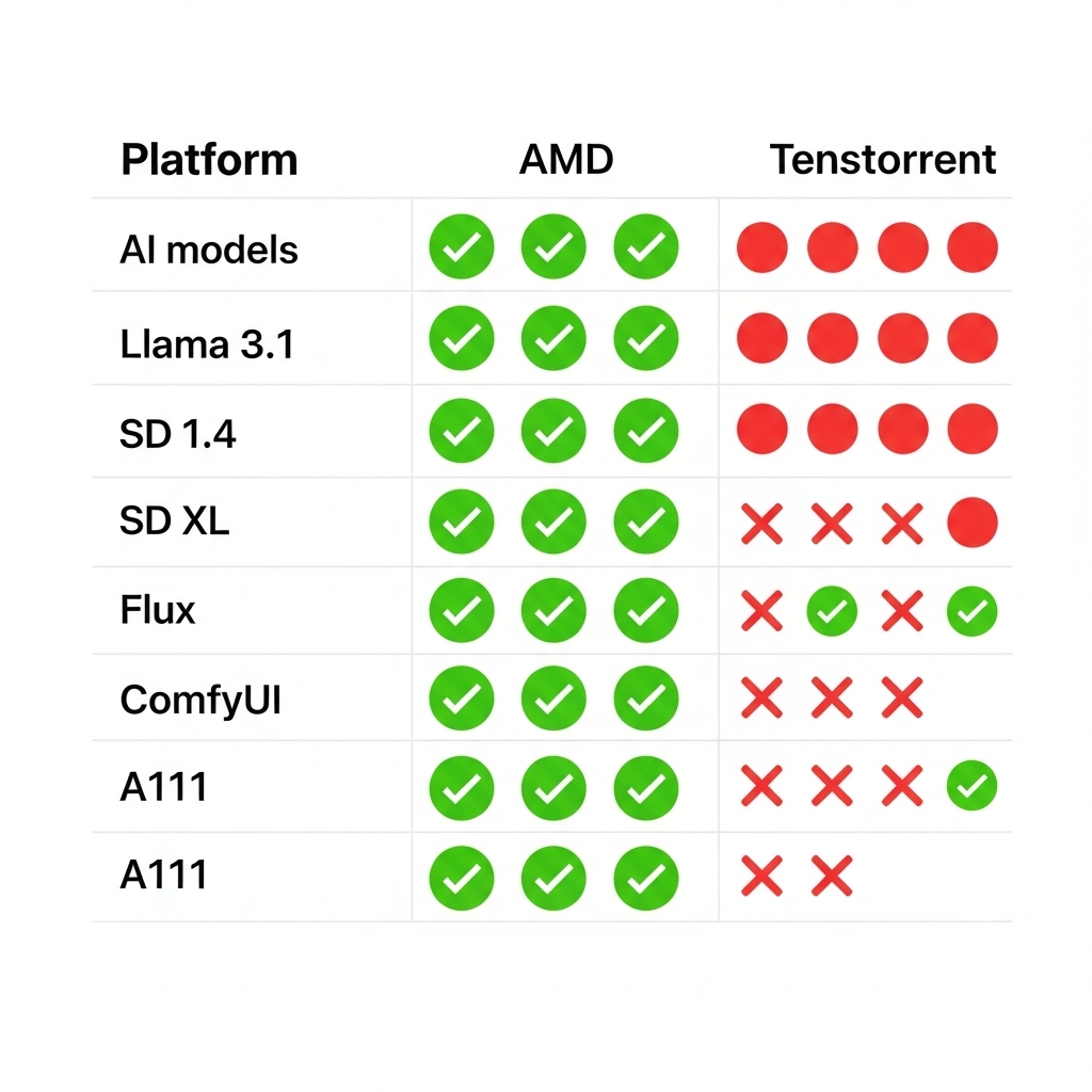 NVIDIA、AMD、Tenstorrent プラットフォームでサポートされている AI モデルの比較表
