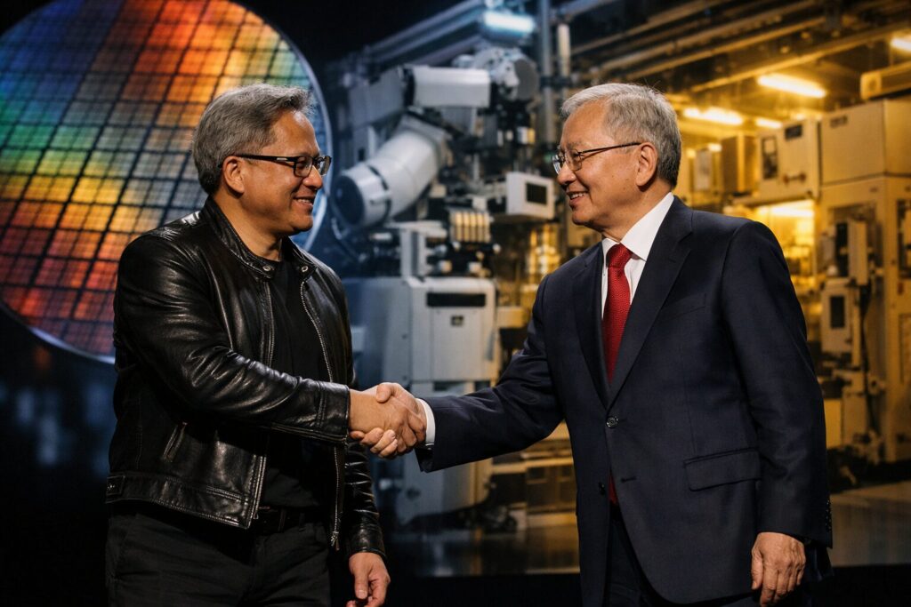 大型テクノロジーカンファレンスのステージ上で握手するNVIDIAのジェンスン・ファンCEOとTSMCのC.C.ウェイCEO