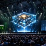 劇的な照明と未来的なAIチップのホログラフィックディスプレイが輝くGTC基調講演のステージ