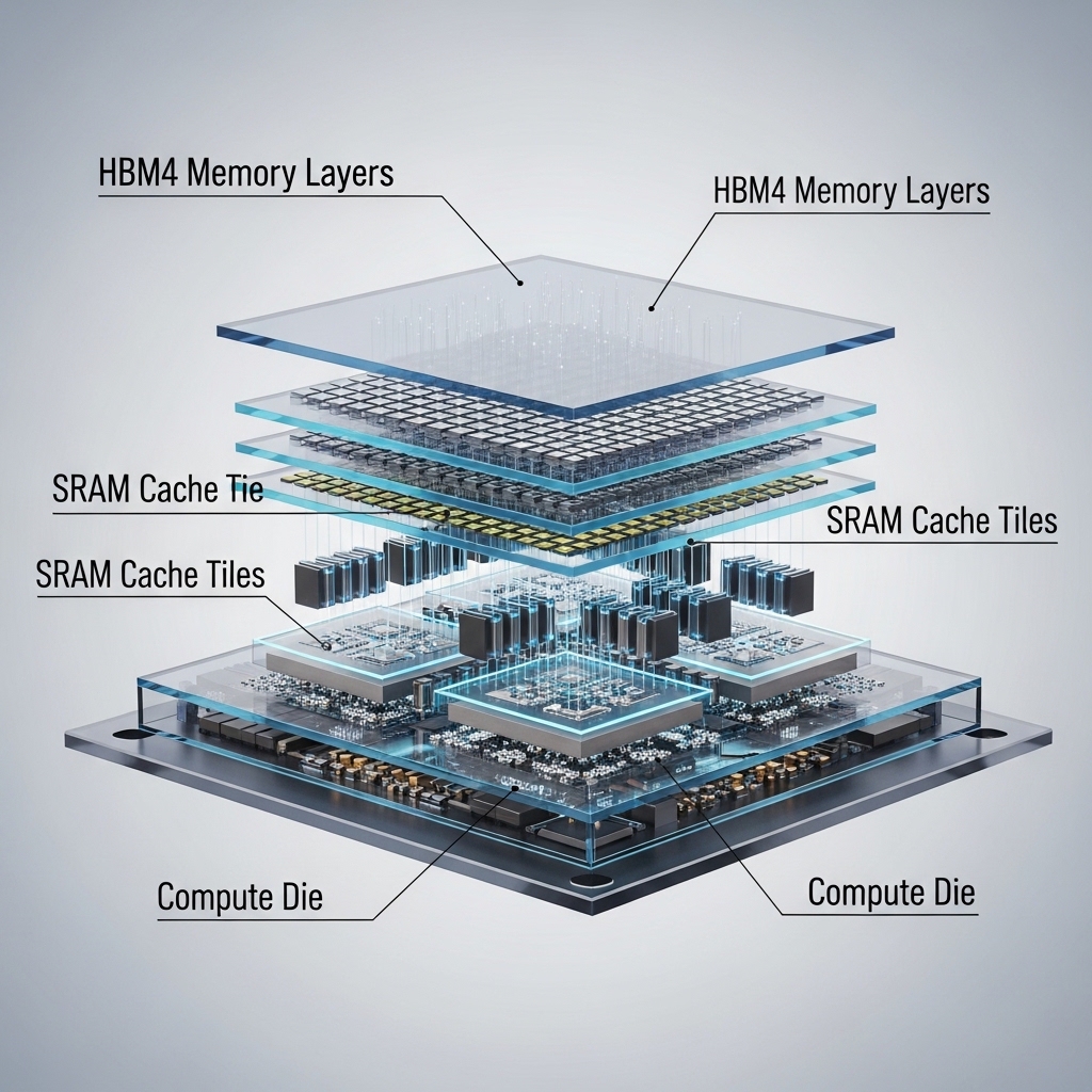 HBM4メモリ層・計算ダイ・SRAMキャッシュタイルが垂直に接合された先進的な3Dスタック半導体チップの断面図