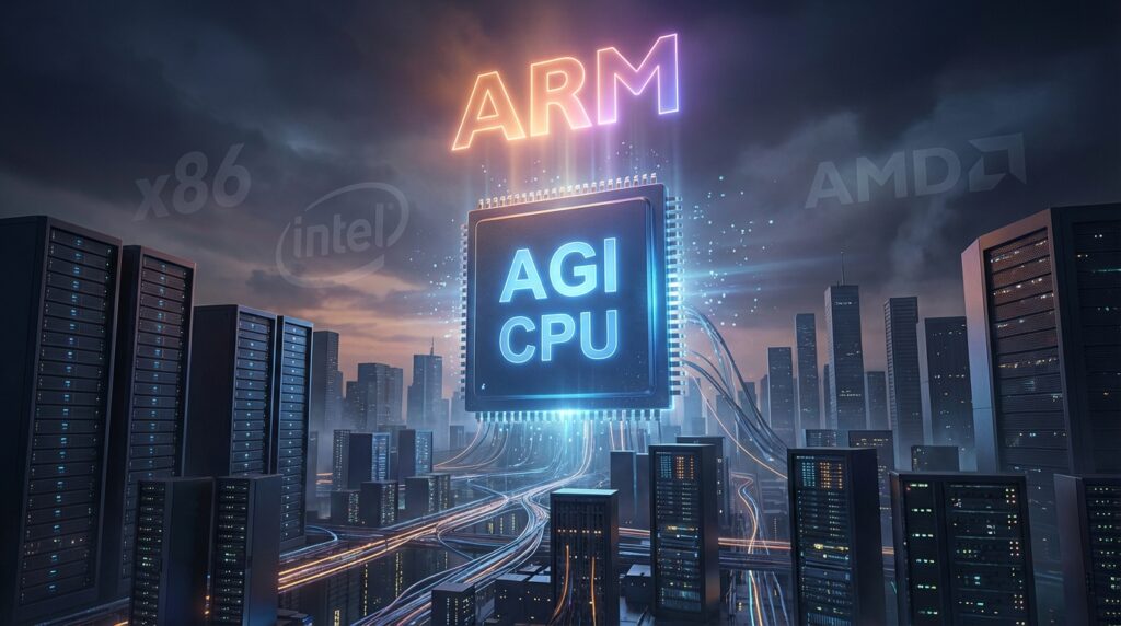 「AGI CPU」と刻まれた大型シリコンチップがデータセンターのサーバーラックの都市景観の上に屹立し、背景にはArmのロゴが光り、影に退いていくIntel・AMDのx86ロゴが描かれた劇的なビジュアライゼーション