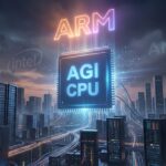 「AGI CPU」と刻まれた大型シリコンチップがデータセンターのサーバーラックの都市景観の上に屹立し、背景にはArmのロゴが光り、影に退いていくIntel・AMDのx86ロゴが描かれた劇的なビジュアライゼーション