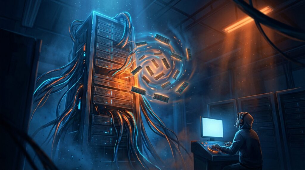巨大なAIデータセンターのサーバーラックがすべてのメモリチップを独占し、小さなゲーマーが見上げるコンセプトイラスト