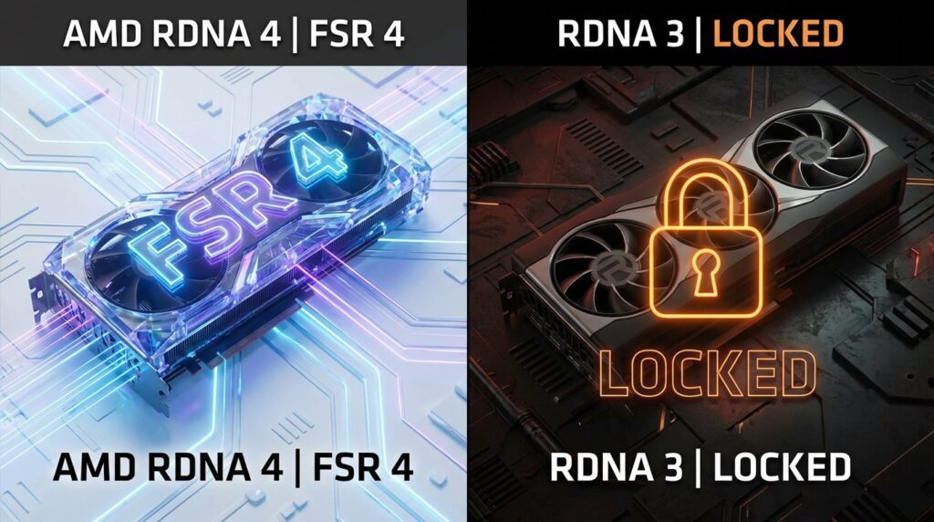 左側にFSR 4が輝くRDNA 4 GPU、右側に鍵のアイコンが重なる旧世代RDNA 3 GPUを描いたコンセプトアート