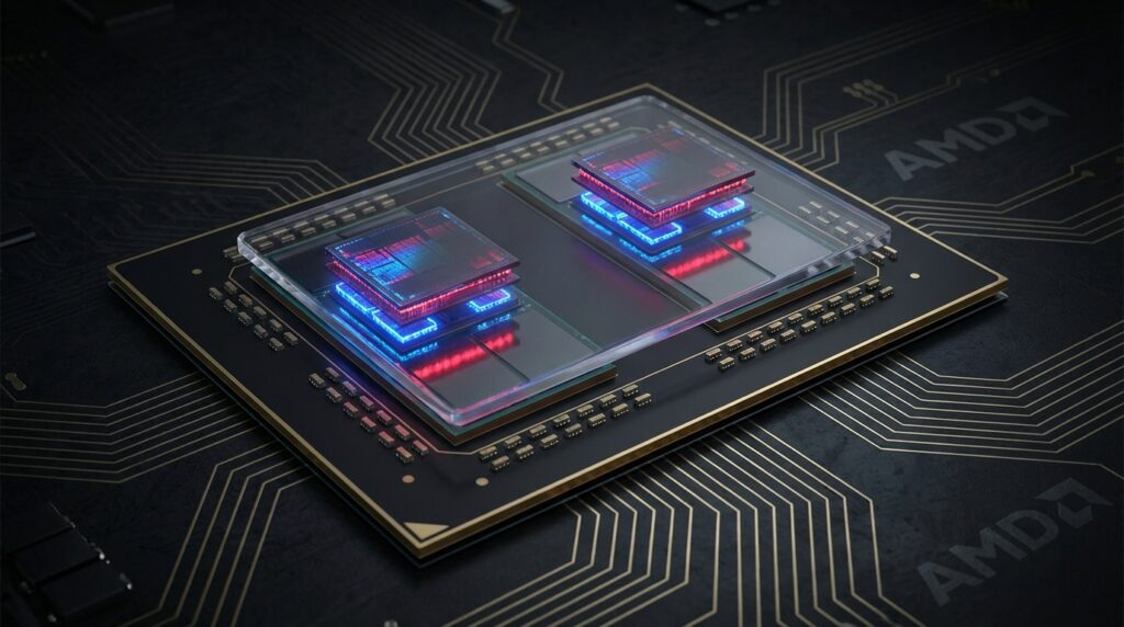 暗い背景に置かれたAMDのハイエンドプロセッサ