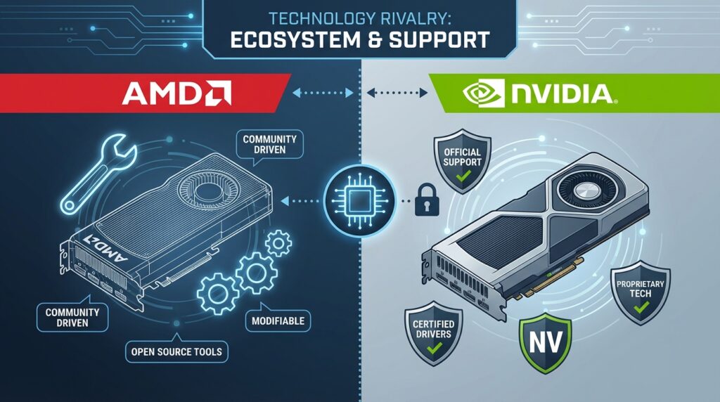 左にコミュニティの工具と歯車に囲まれたAMD GPU、右に公式サポートバッジを持つNVIDIA GPUを並べた概念的な比較イラスト