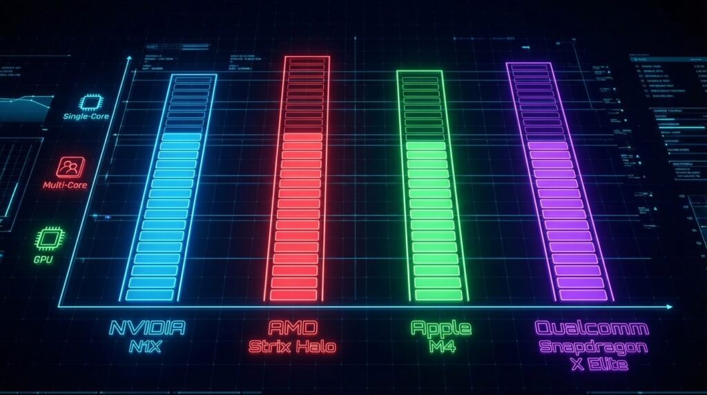 NVIDIA N1X、AMD Strix Halo、Apple M4、Qualcomm Snapdragon X Eliteのパフォーマンスを並べて比較したダークなテックダッシュボード風のデータビジュアライゼーション