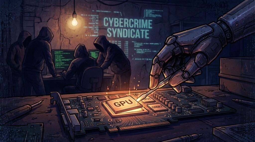グラフィックスカードのPCBからGPUチップとGDDR7メモリモジュールが取り出されている様子を描いた概念図