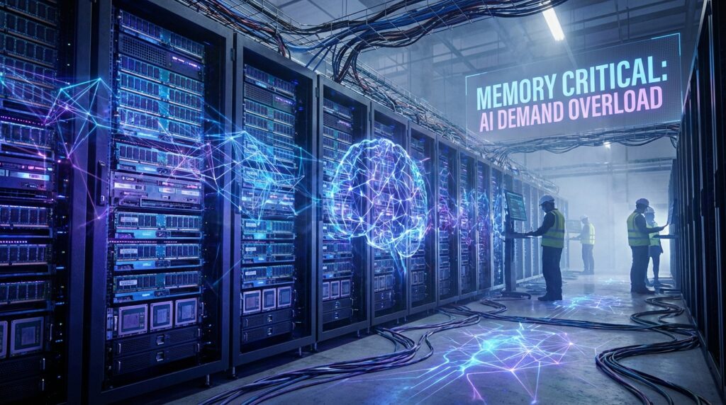 深い青と紫のトーンでドラマチックに照らされたデータセンターのサーバーラック