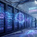 深い青と紫のトーンでドラマチックに照らされたデータセンターのサーバーラック