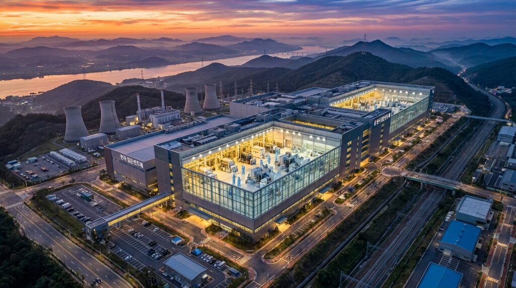 夕暮れ時の韓国・最先端半導体メモリ製造工場の劇的な航空ビュー