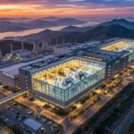 夕暮れ時の韓国・最先端半導体メモリ製造工場の劇的な航空ビュー