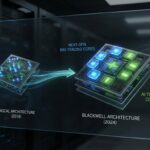 PascalからBlackwellへのGPUアーキテクチャ進化を示す未来的な図解