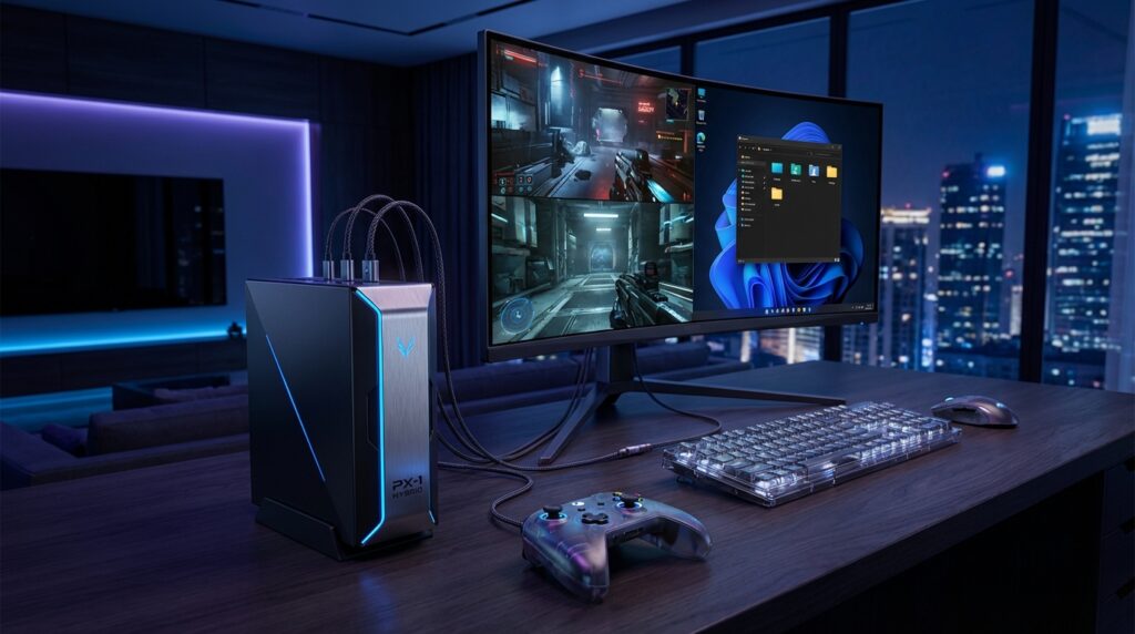 コンソールとPCの両要素を持つ未来的ハイブリッドゲーミングデバイスのコンセプトアート