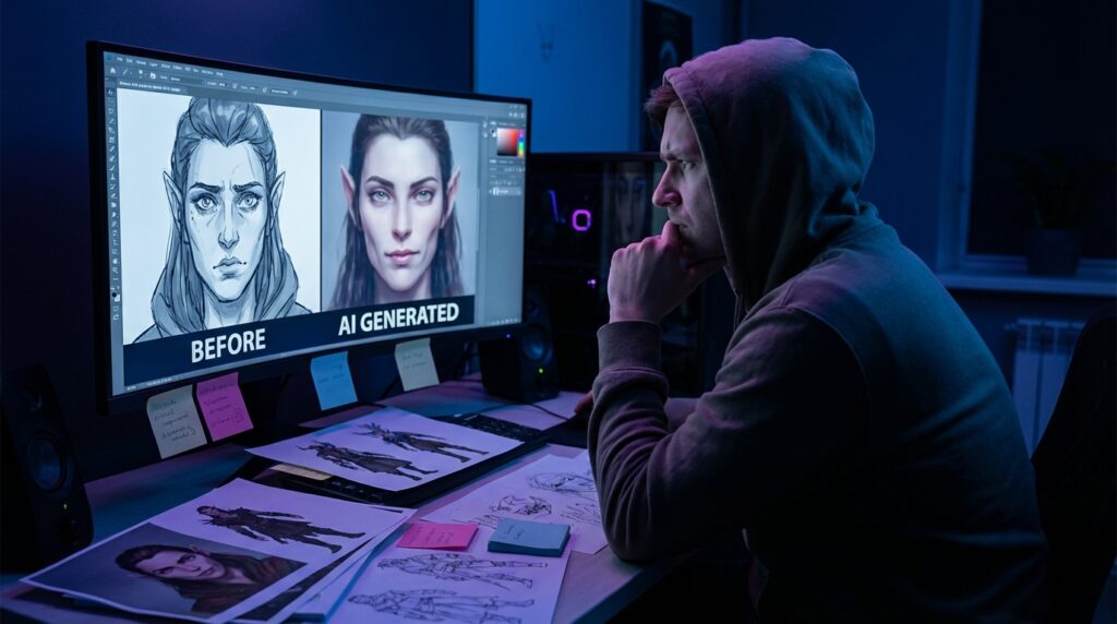 ゲーム開発者のアートディレクターがワークステーションに座り、キャラクターの顔がAIによって変容した前後比較をモニターで見て懸念を示している様子