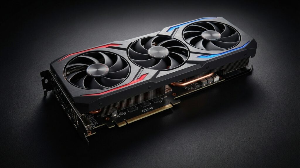 暗い背景にドラマチックな照明で置かれたゲーミングGPU。トリプルファン搭載
