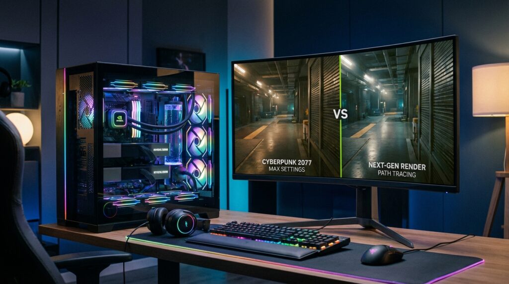 ガラスパネルのタワーケース内にデュアル高性能グラフィックスカードを搭載した次世代ゲーミングPC。RGBイルミネーション