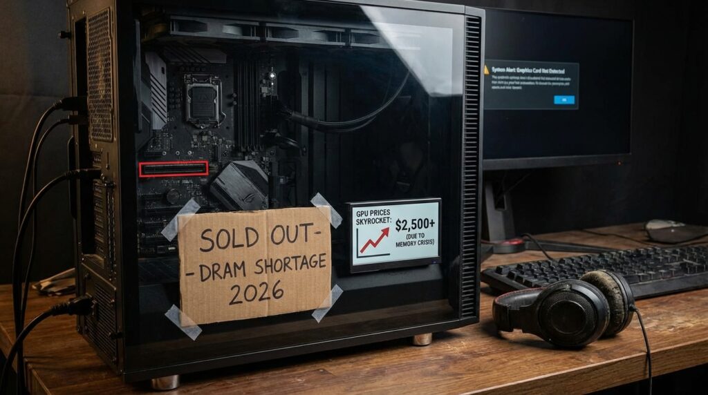 グラフィックカードが空のままのゲーミングPC。値上がりを示す価格タグと「売り切れ」の表示が2026年のGPU不足を象徴する