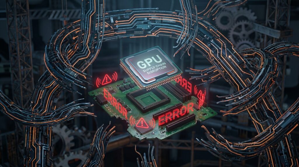 GPU供給チェーンの混乱を表した抽象的なビジュアル。絡み合う回路基板の経路と欠品を示す赤い警告インジケーター