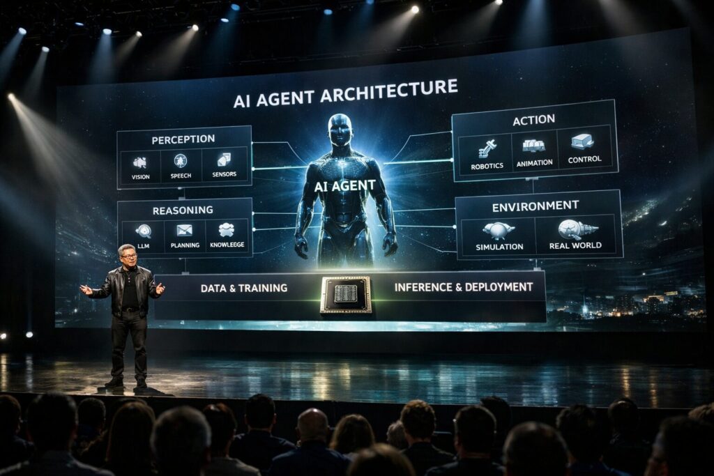 大型スクリーンにAIエージェント図が映し出された大規模テクノロジーカンファレンスで講演するCEO