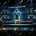 大型スクリーンにAIエージェント図が映し出された大規模テクノロジーカンファレンスで講演するCEO