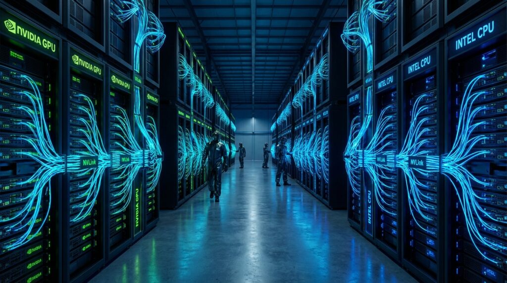 NVIDIAのGPUラックとIntelのCPUラックが青く輝くNVLinkケーブルで接続された未来的なAIデータセンター内部、シネマティックな照明、フォトリアリスティック、奥行きのある構図