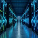 NVIDIAのGPUラックとIntelのCPUラックが青く輝くNVLinkケーブルで接続された未来的なAIデータセンター内部、シネマティックな照明、フォトリアリスティック、奥行きのある構図