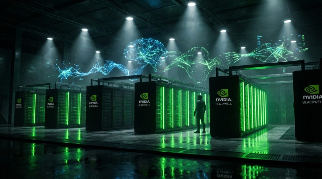 緑色に発光するNVIDIA Blackwell GPUラックが並ぶ未来的なAIサーバールーム