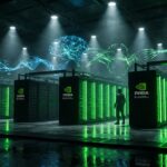 緑色に発光するNVIDIA Blackwell GPUラックが並ぶ未来的なAIサーバールーム