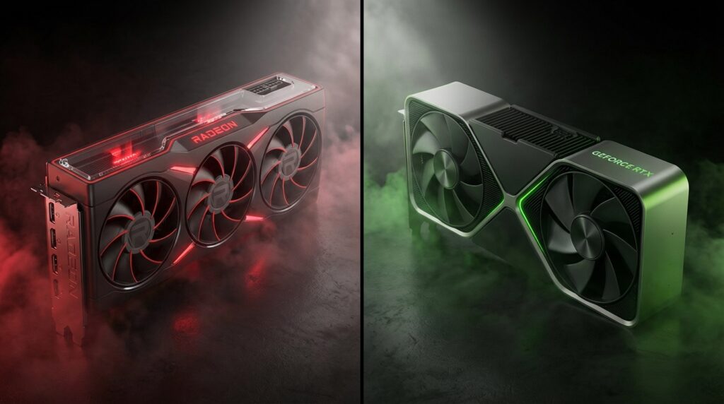 AMD RadeonとNVIDIA GeForceの高性能グラフィックスカードを左右に並べたドラマチックな対比図