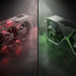 AMD RadeonとNVIDIA GeForceの高性能グラフィックスカードを左右に並べたドラマチックな対比図
