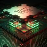 「Ryzen 9 9950X3D2 Dual Edition」と刻まれた未来的なデスクトップCPUチップのドラマチックなクローズアップ