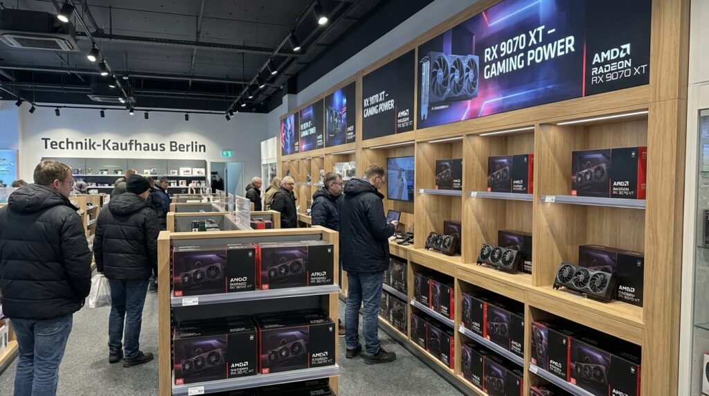AMD Radeon RX 9070 XTグラフィックスカードが棚に並んだドイツのPCパーツ小売店の店内