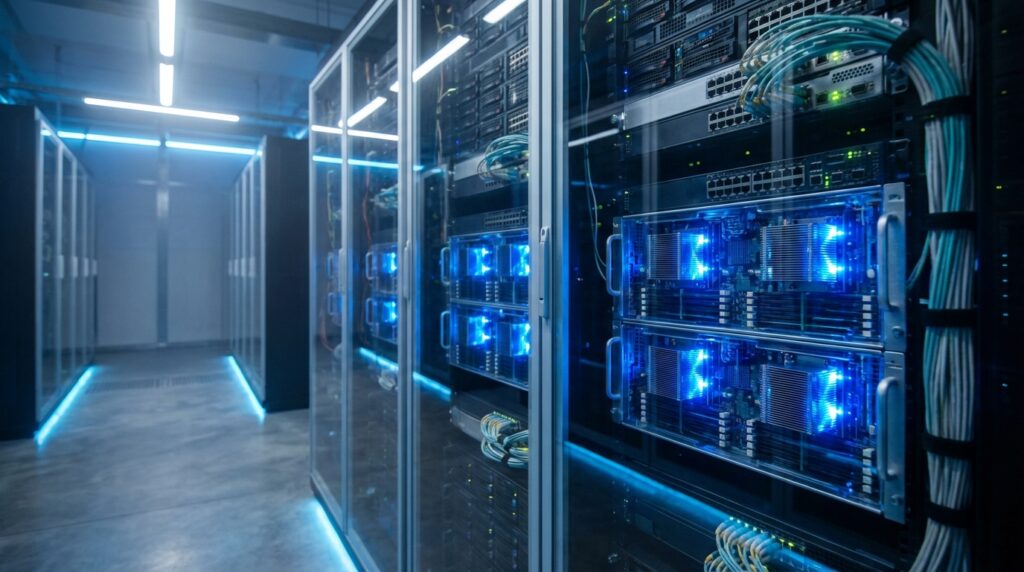 青く光るCPUプロセッサーを中心に据えたモダンなデータセンターのサーバーラック