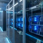 青く光るCPUプロセッサーを中心に据えたモダンなデータセンターのサーバーラック