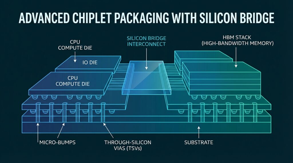 シリコンブリッジ接続された複数のCPUコンピュートダイとIOダイ、HBMスタックを示す半導体チップレットパッケージングの断面技術図