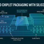 シリコンブリッジ接続された複数のCPUコンピュートダイとIOダイ、HBMスタックを示す半導体チップレットパッケージングの断面技術図