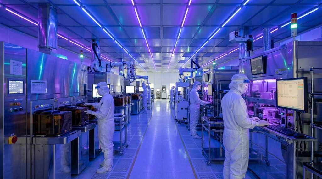 先端DRAM製造装置が並ぶ半導体ウェーハ工場のクリーンルーム