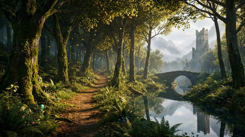 無数の葉が風にそよぐ緑豊かなファンタジーの深い森。パストレーシングによるフォトリアルな光と影、小川に映る鏡面反射
