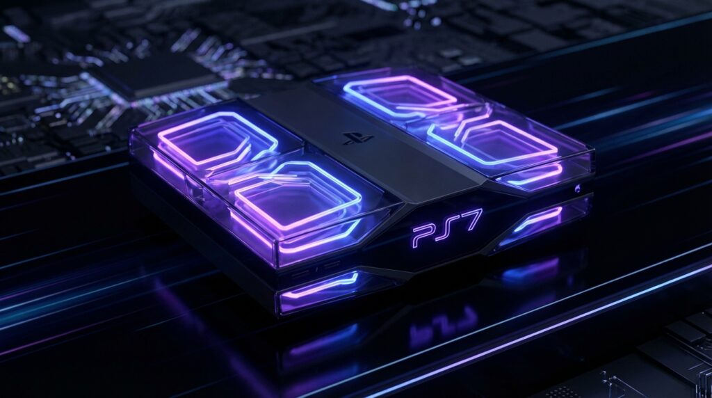 暗い背景に浮かぶ次世代PlayStationコンソールのコンセプトイメージ