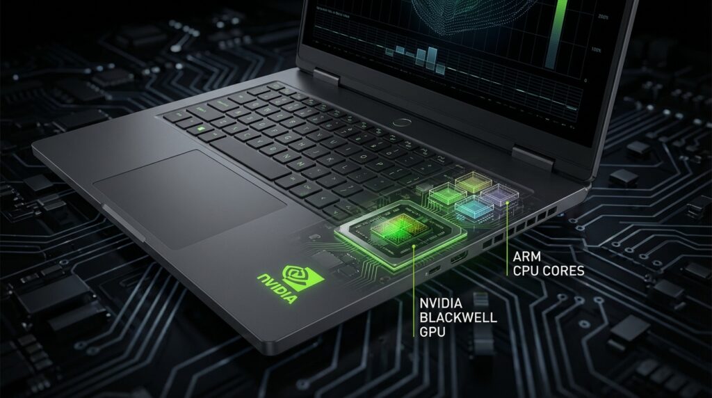 NVIDIAブランドの薄型未来的なノートPC。透明なケースパネルから光るBlackwell統合GPUチップが見え、ARMコアとGPUダイの断面図スタイルで図示されている