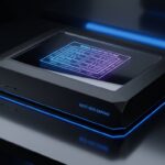 光るRDNAチップアーキテクチャ図が描かれた次世代ゲームコンソールのコンセプトビジュアル